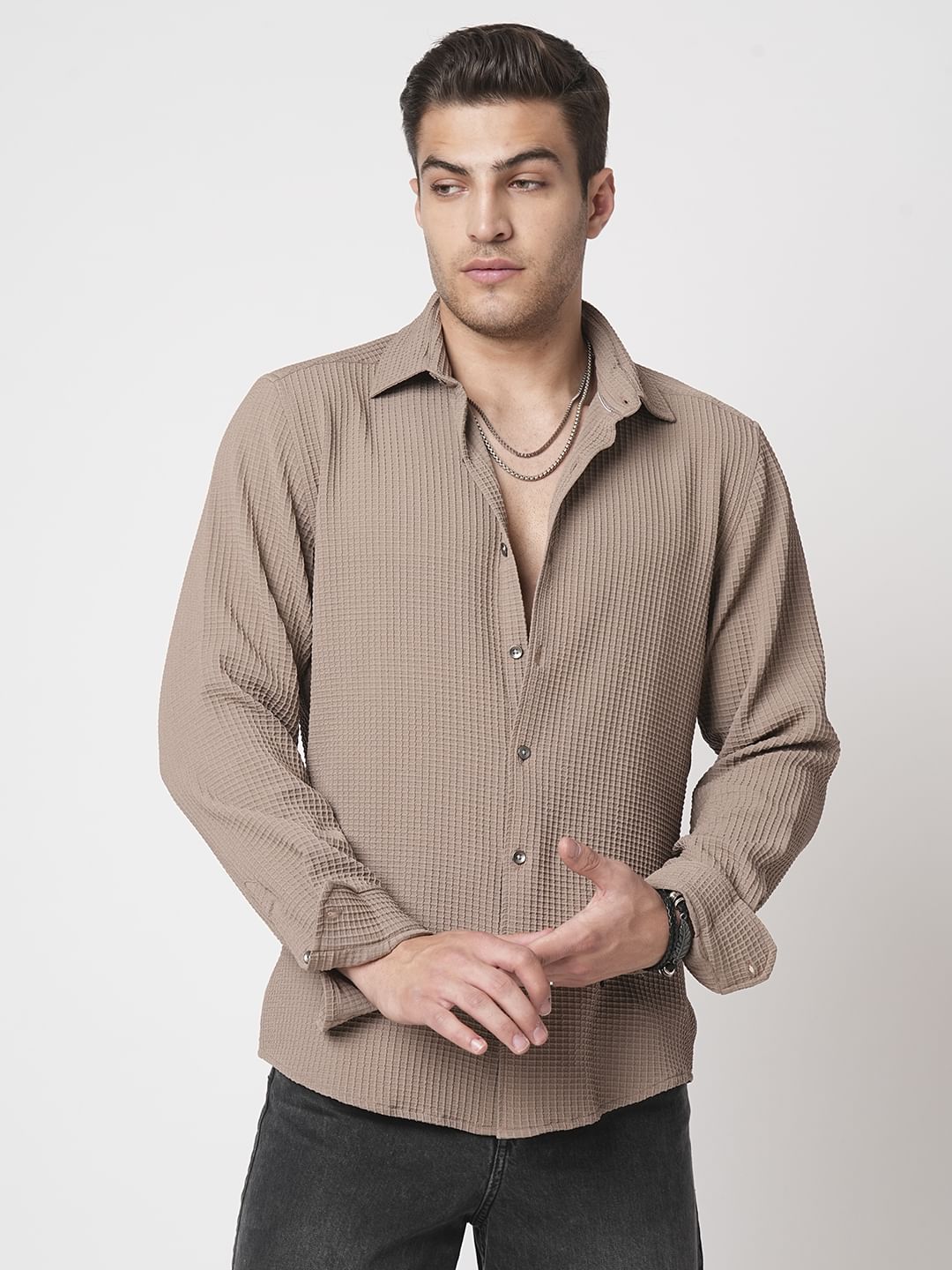 Saddle Brown Mini Checks Textured Shirt