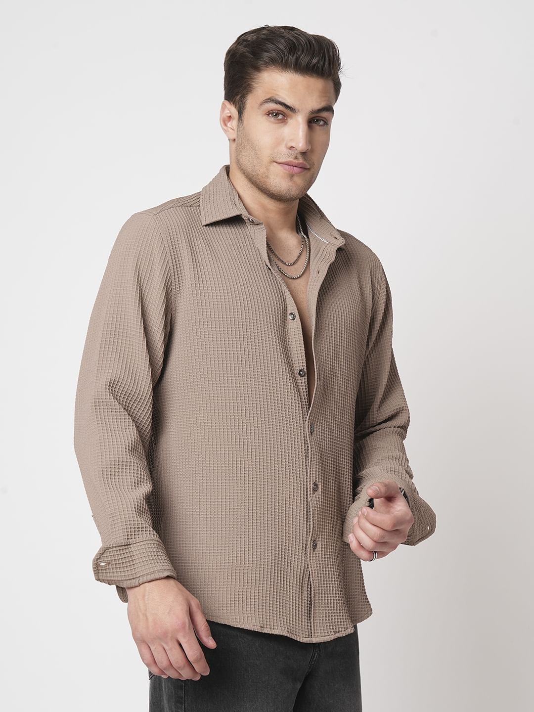 Saddle Brown Mini Checks Textured Shirt