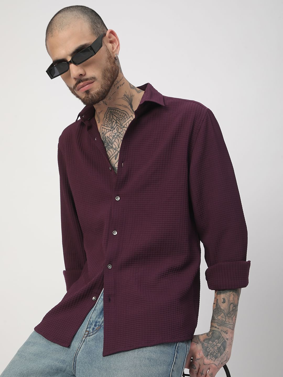 Wine Mini Checks Textured Shirt