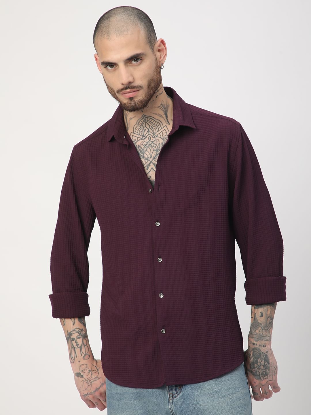 Wine Mini Checks Textured Shirt
