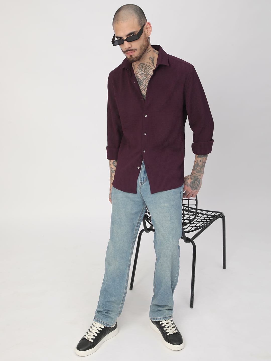 Wine Mini Checks Textured Shirt