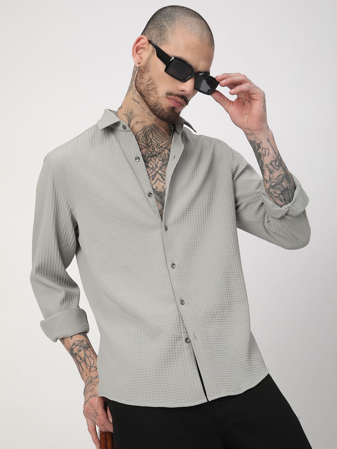 Moon Grey Mini Checks Textured Shirt