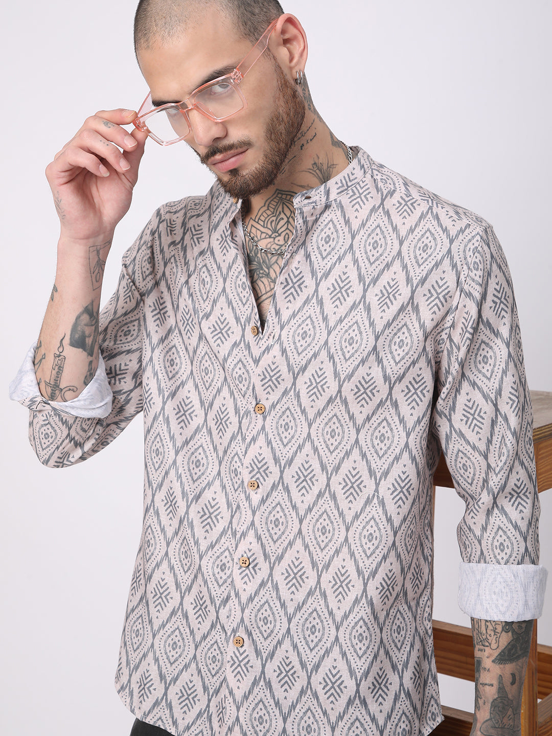 Multicolour Ikat Printed Mandarin Collar Shirt
