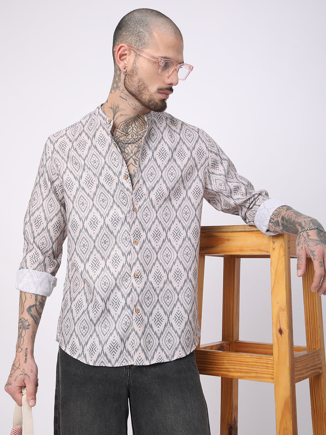 Multicolour Ikat Printed Mandarin Collar Shirt