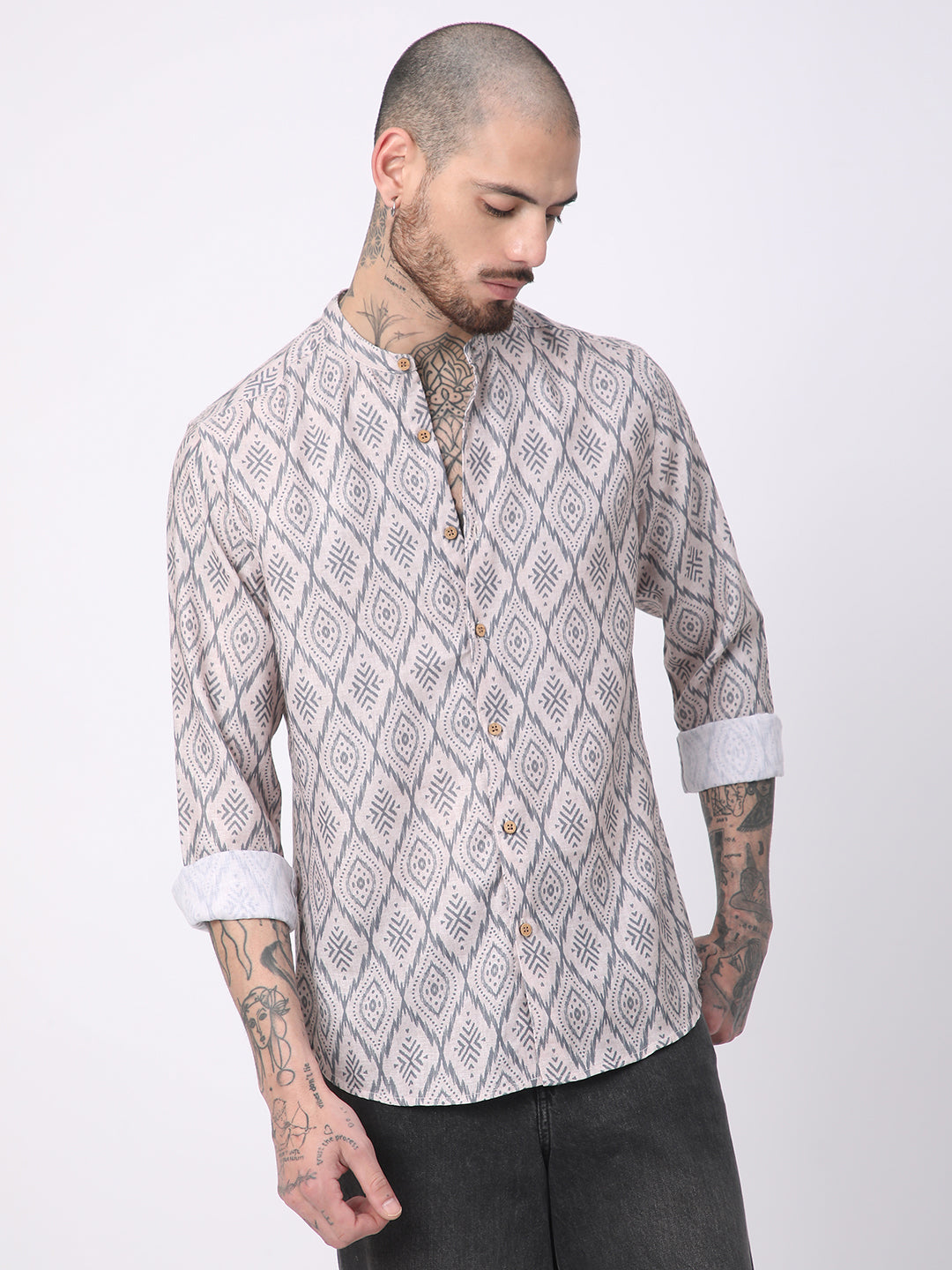 Multicolour Ikat Printed Mandarin Collar Shirt