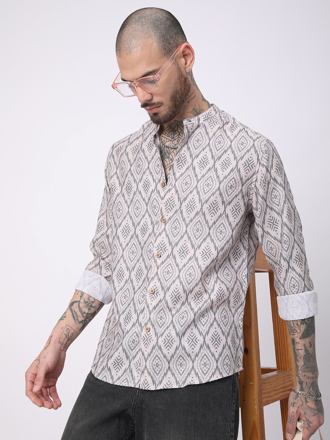 Multicolour Ikat Printed Mandarin Collar Shirt