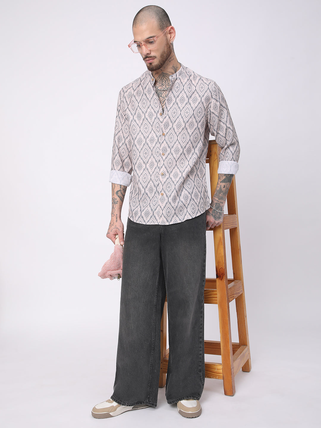 Multicolour Ikat Printed Mandarin Collar Shirt