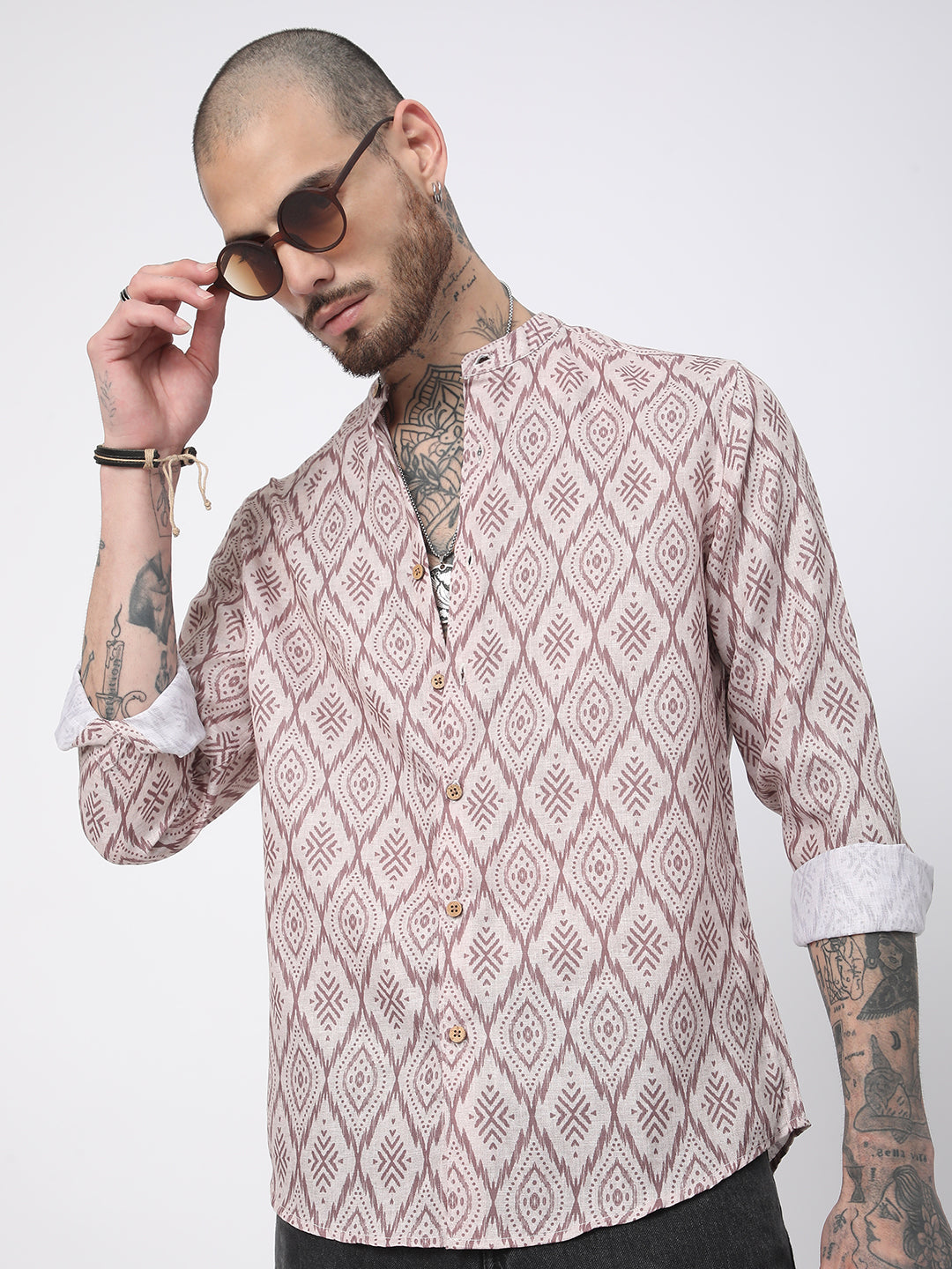 Beige & Brown Ikat Printed Mandarin Collar Shirt
