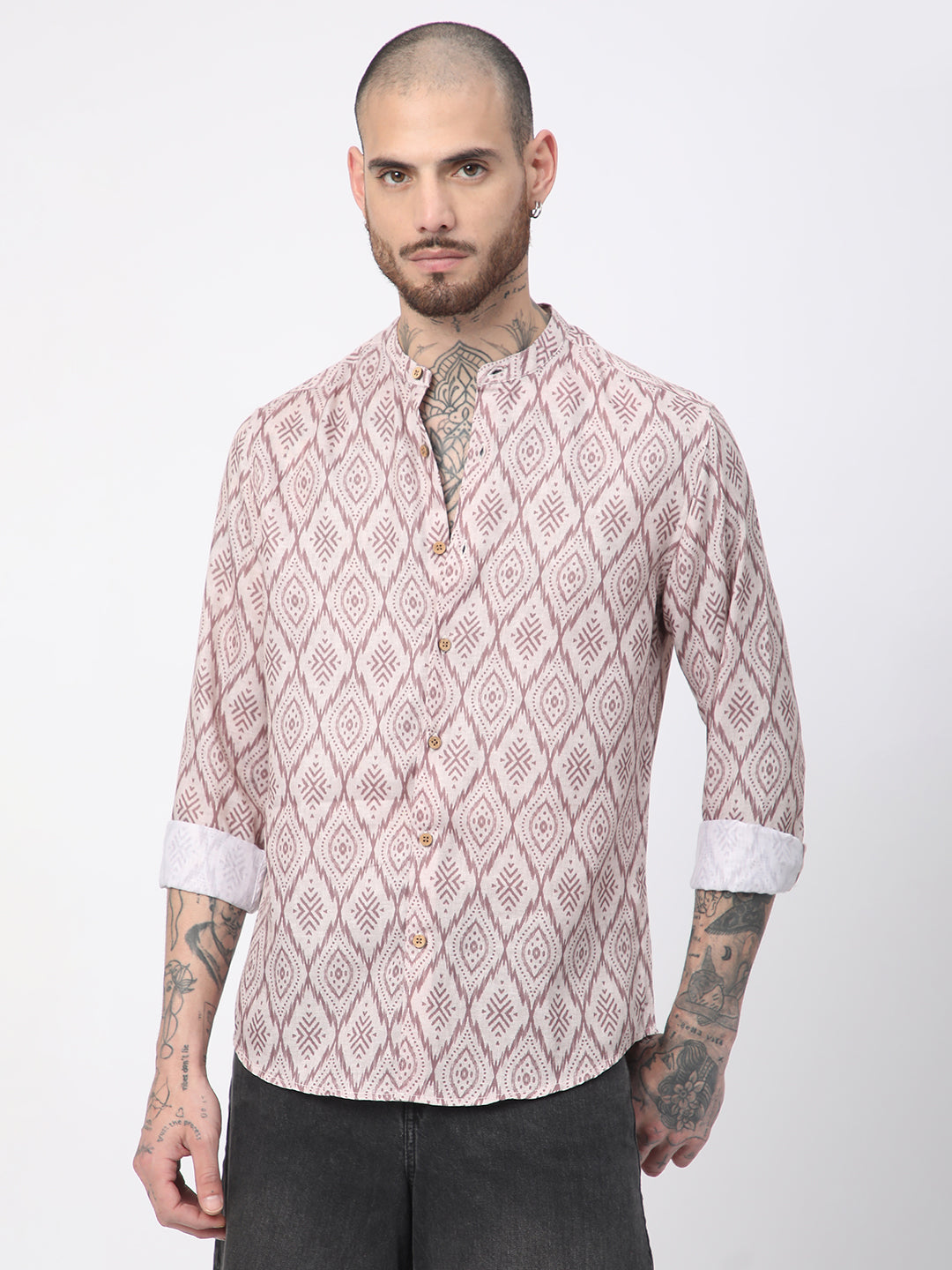Beige & Brown Ikat Printed Mandarin Collar Shirt