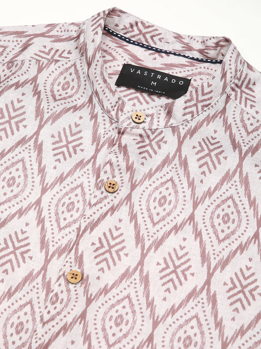 Beige & Brown Ikat Printed Mandarin Collar Shirt