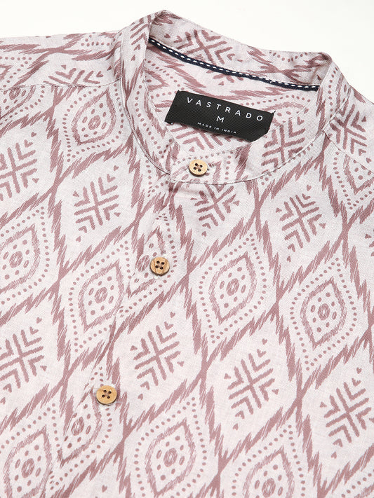 Beige & Brown Ikat Printed Mandarin Collar Shirt