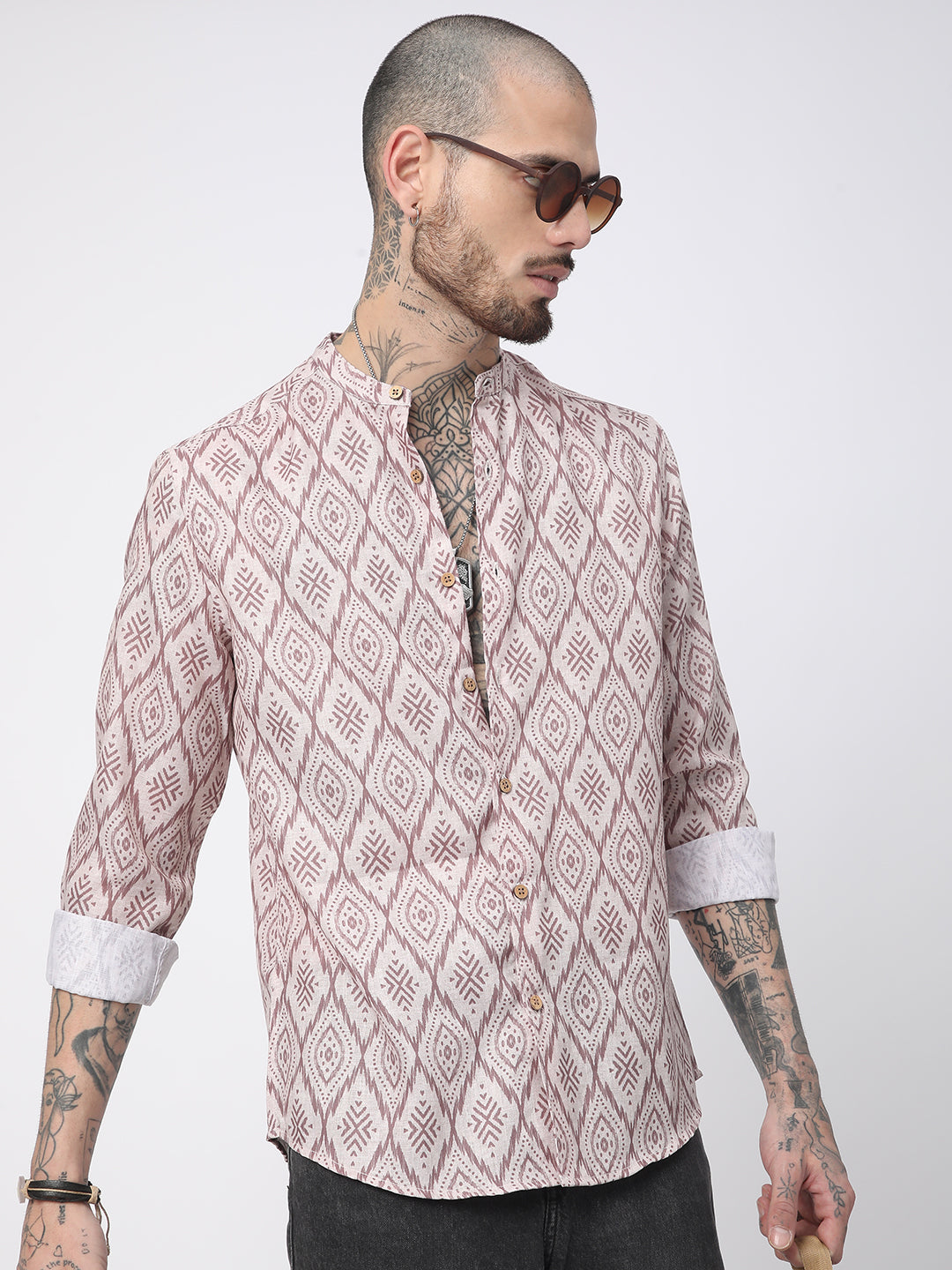 Beige & Brown Ikat Printed Mandarin Collar Shirt