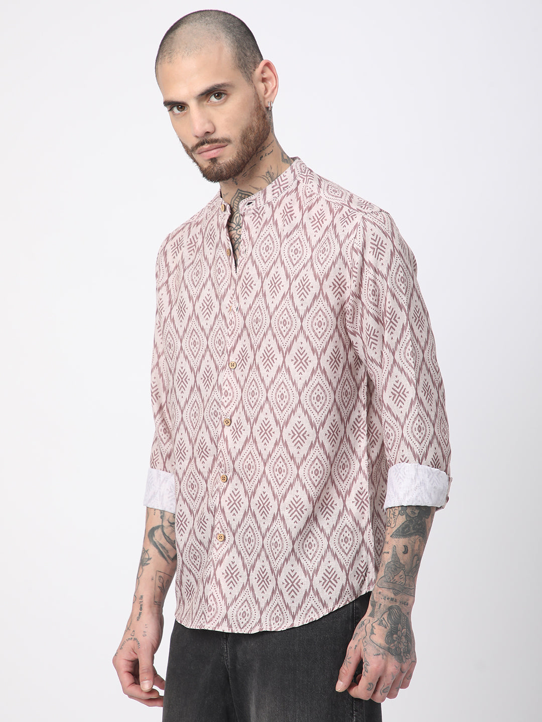 Beige & Brown Ikat Printed Mandarin Collar Shirt