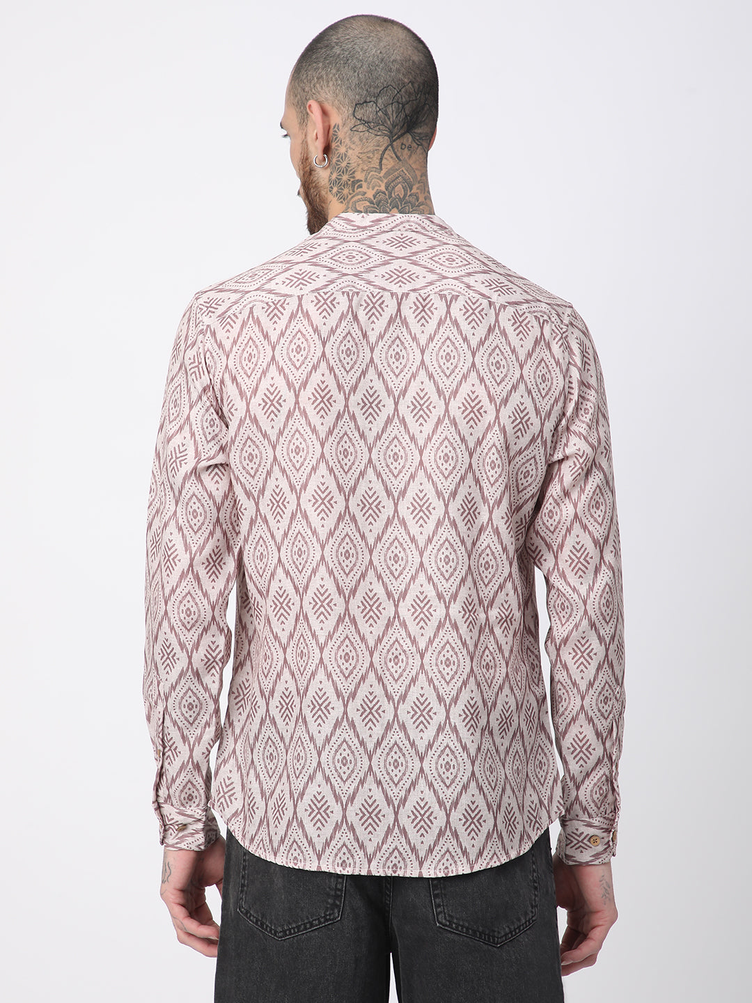 Beige & Brown Ikat Printed Mandarin Collar Shirt