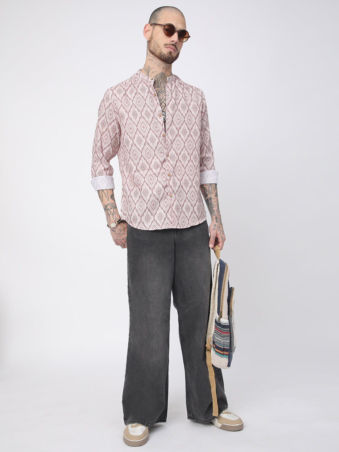 Beige & Brown Ikat Printed Mandarin Collar Shirt