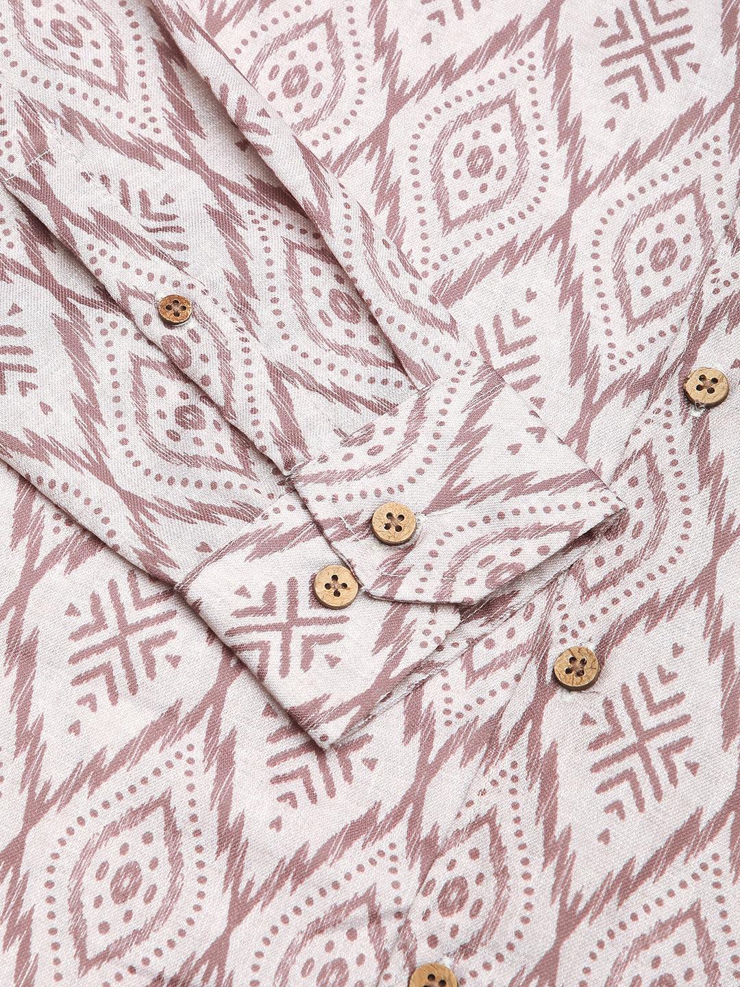 Beige & Brown Ikat Printed Mandarin Collar Shirt