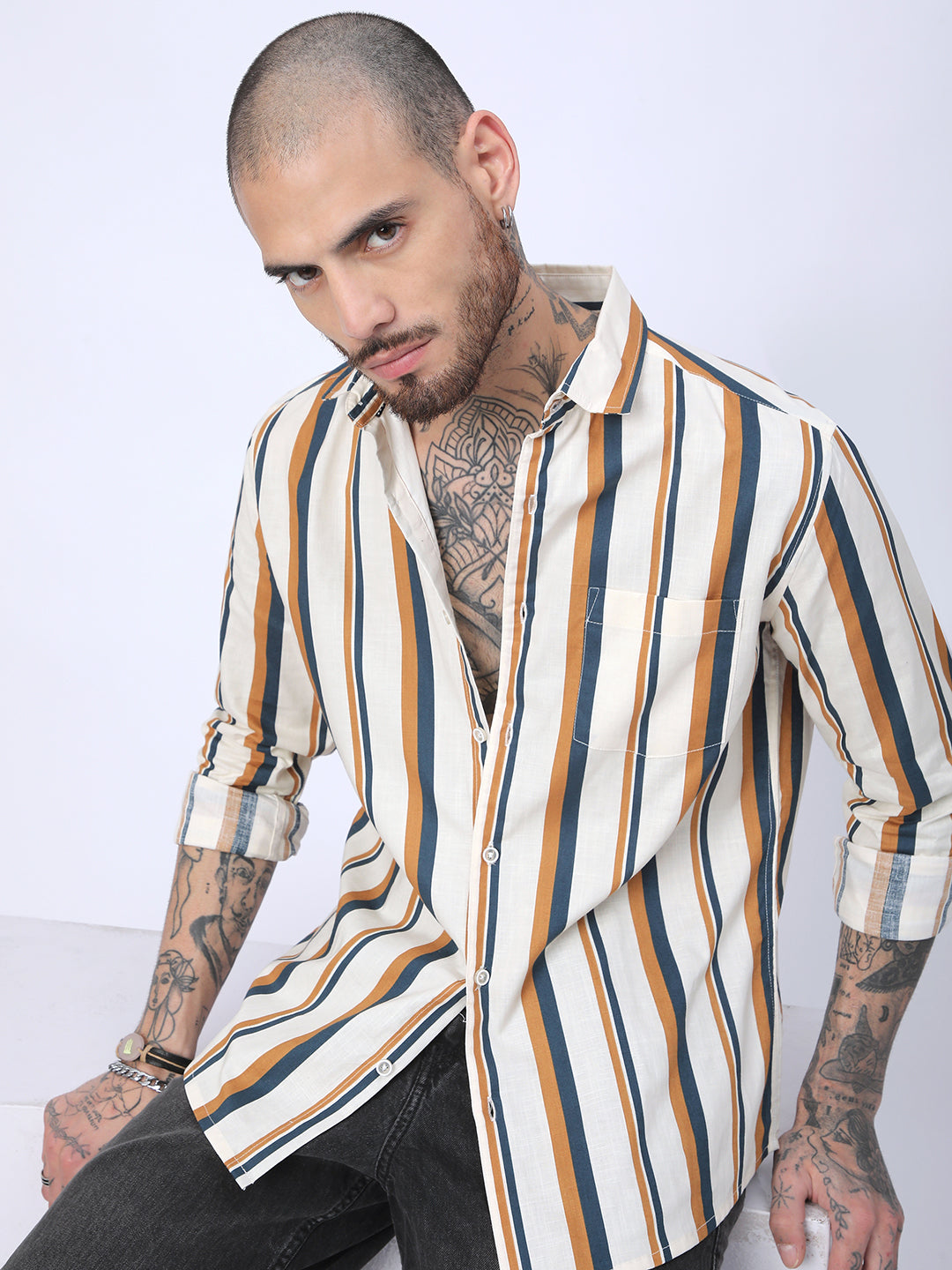 Cream & Teal Awning Stripes Shirt