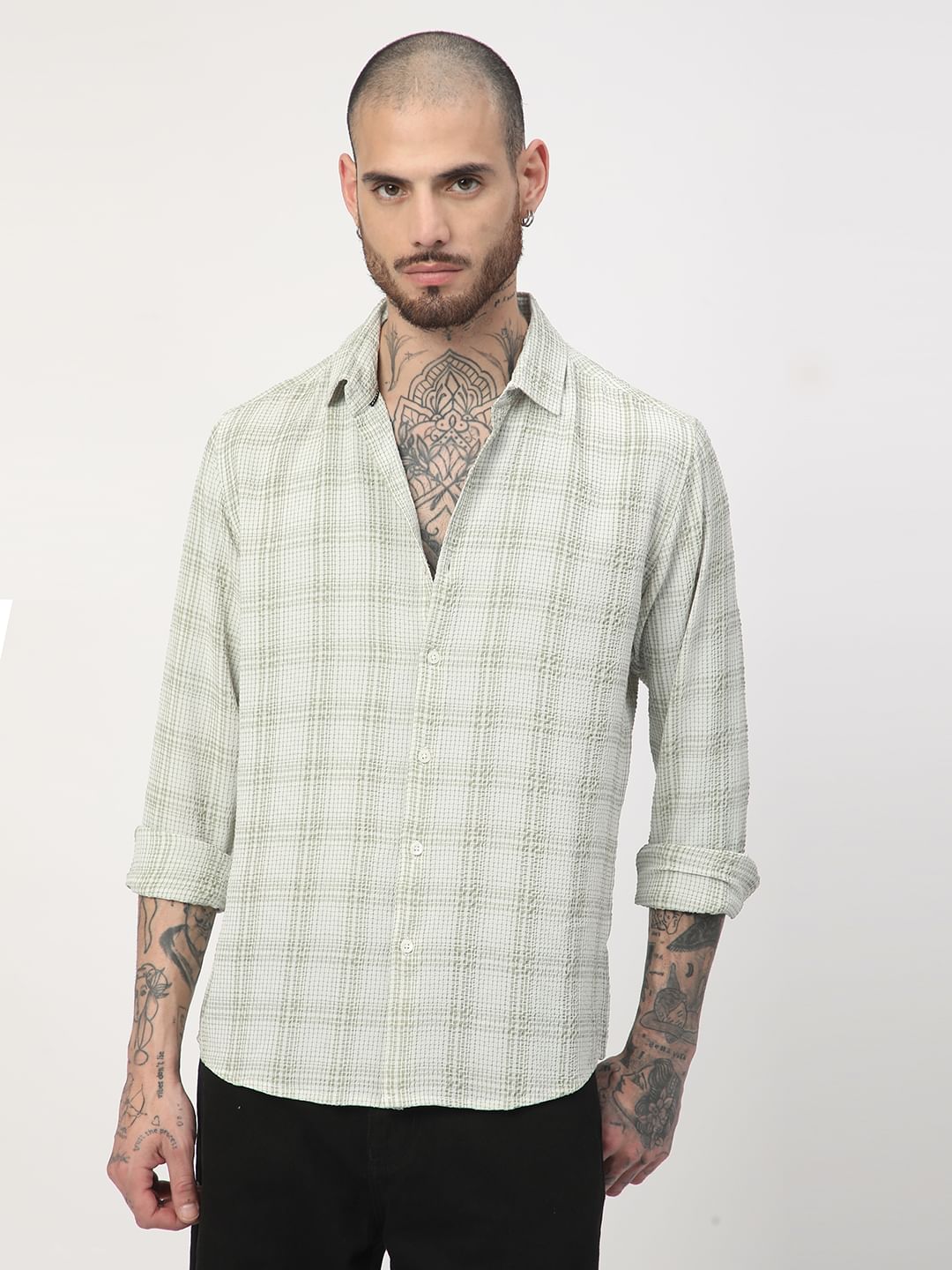 Tea Green Mini Plaid Checks Seersucker Shirt