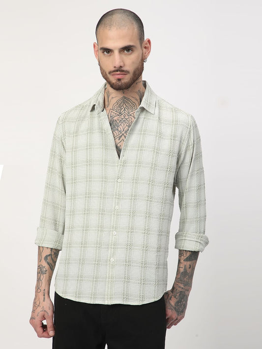 Tea Green Mini Plaid Checks Seersucker Shirt
