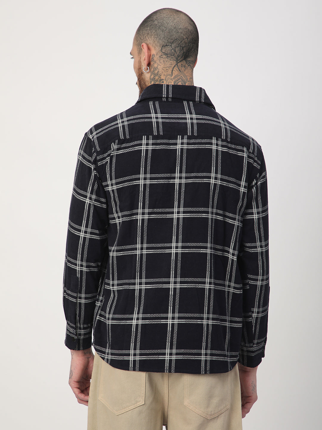 Navy & White Checked Corduroy Double Pocket Overshirt