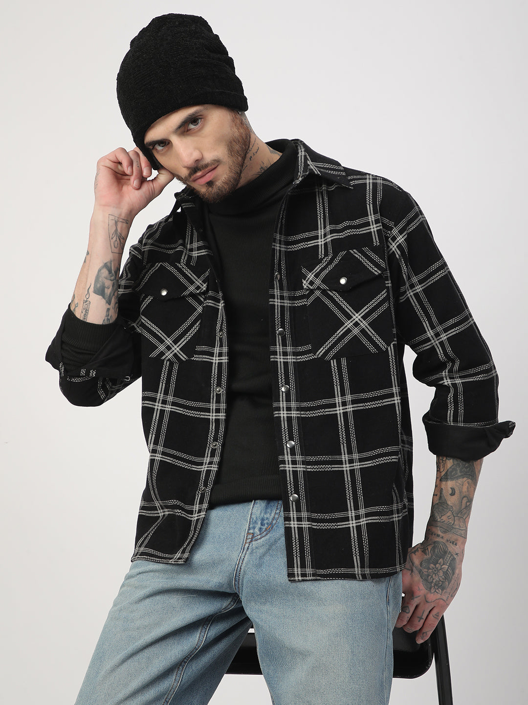 Elan Black Checks Double Flap Pocket Corduroy Overshirt