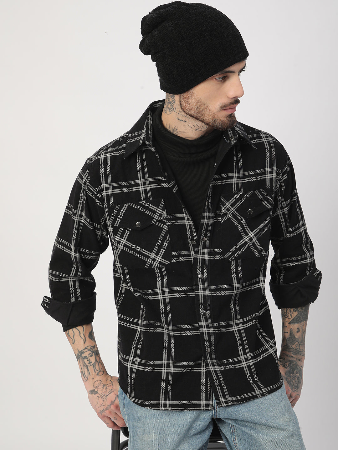 Elan Black Checks Double Flap Pocket Corduroy Overshirt