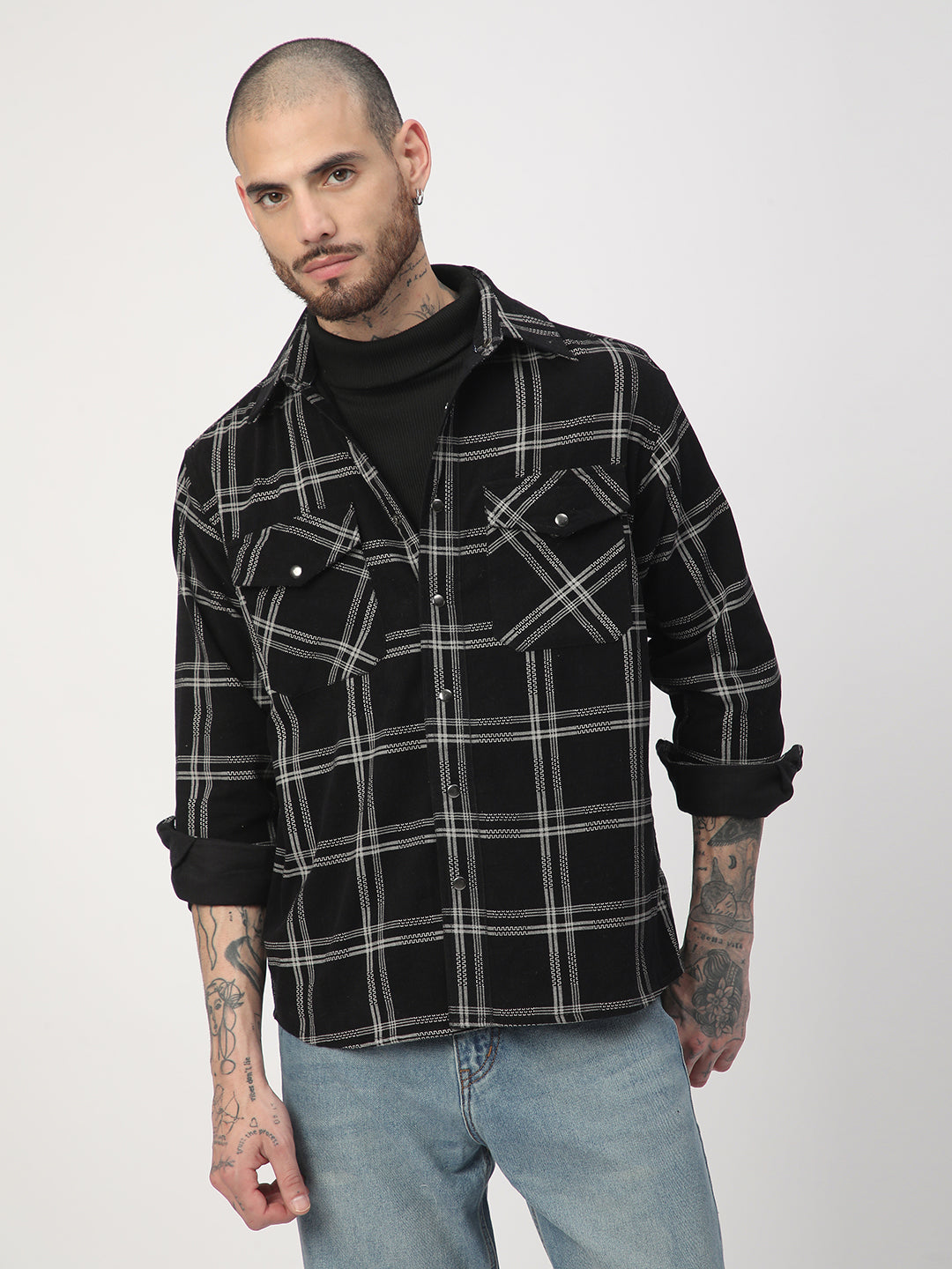 Elan Black Checks Double Flap Pocket Corduroy Overshirt