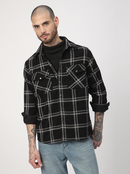 Elan Black Checks Double Flap Pocket Corduroy Overshirt