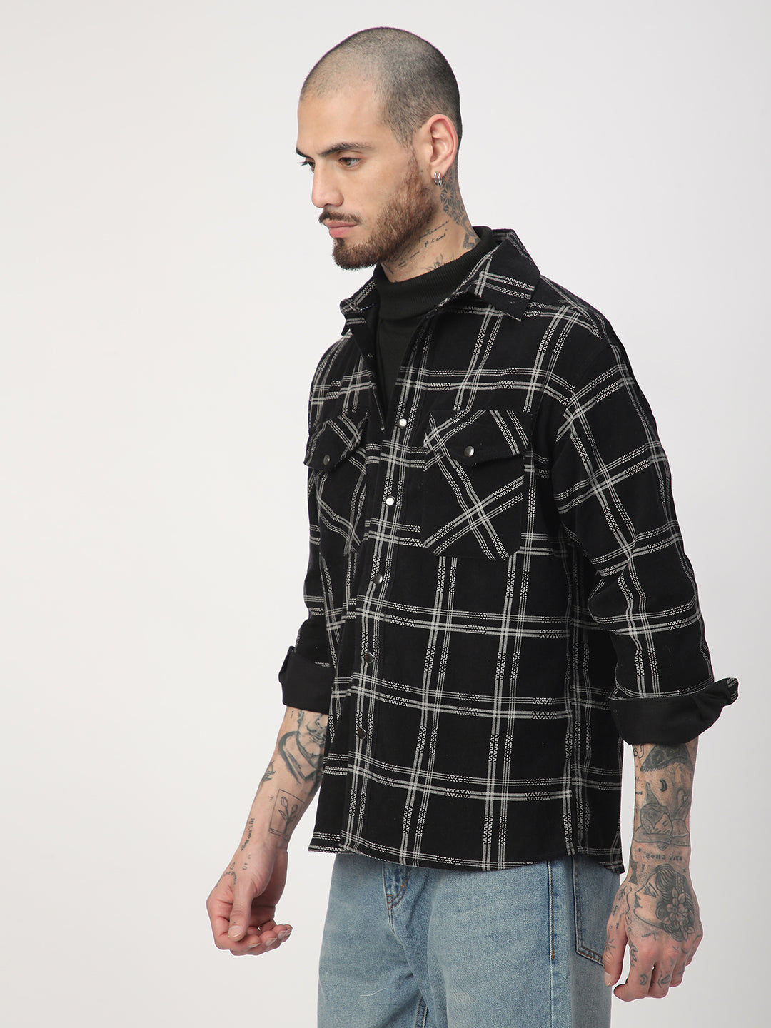 Elan Black Checks Double Flap Pocket Corduroy Overshirt