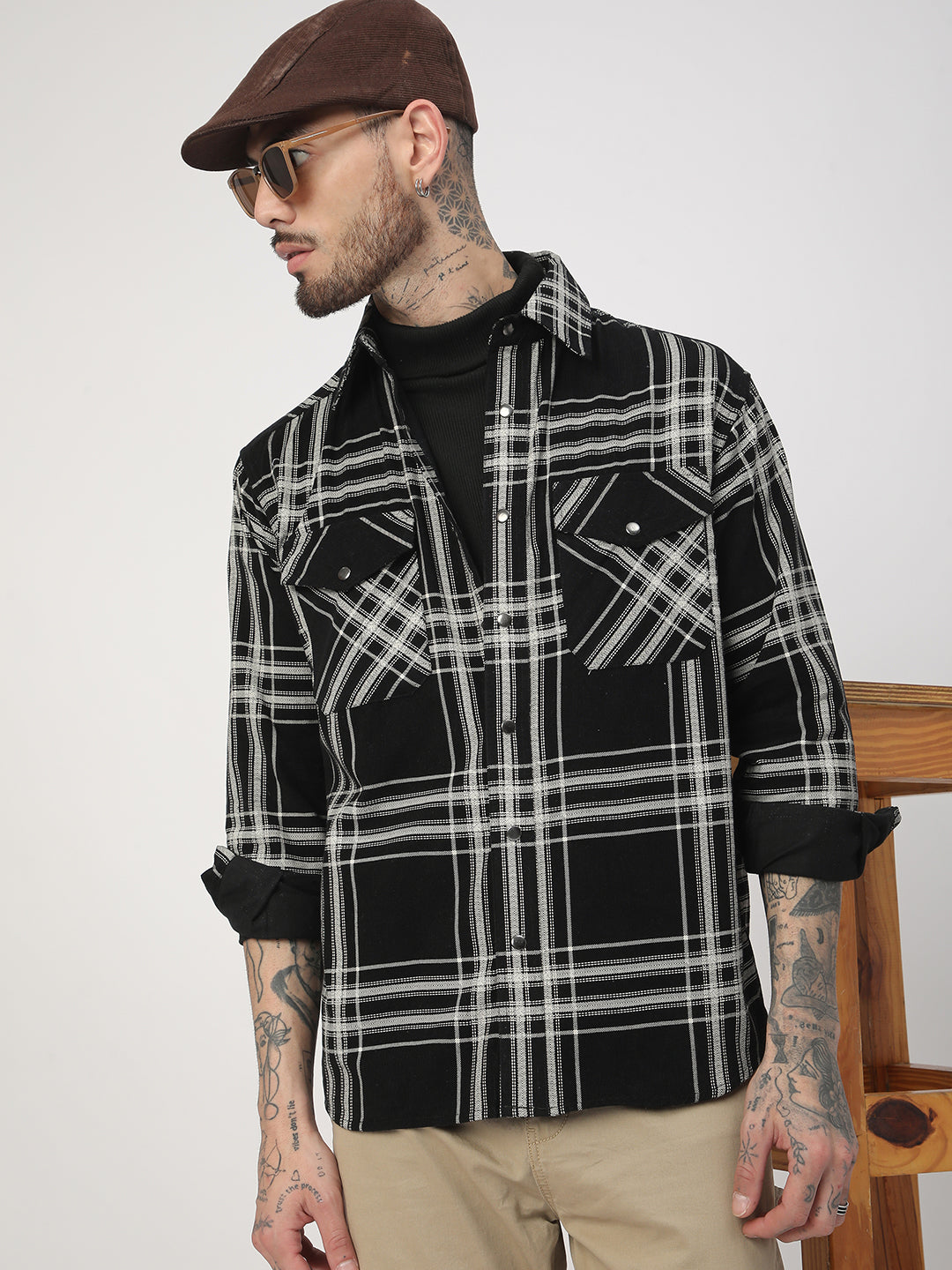 Jet Black & White Checkered Double Pocket Corduroy Overshirt