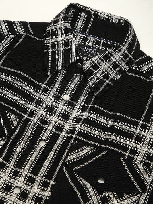 Jet Black & White Checkered Double Pocket Corduroy Overshirt