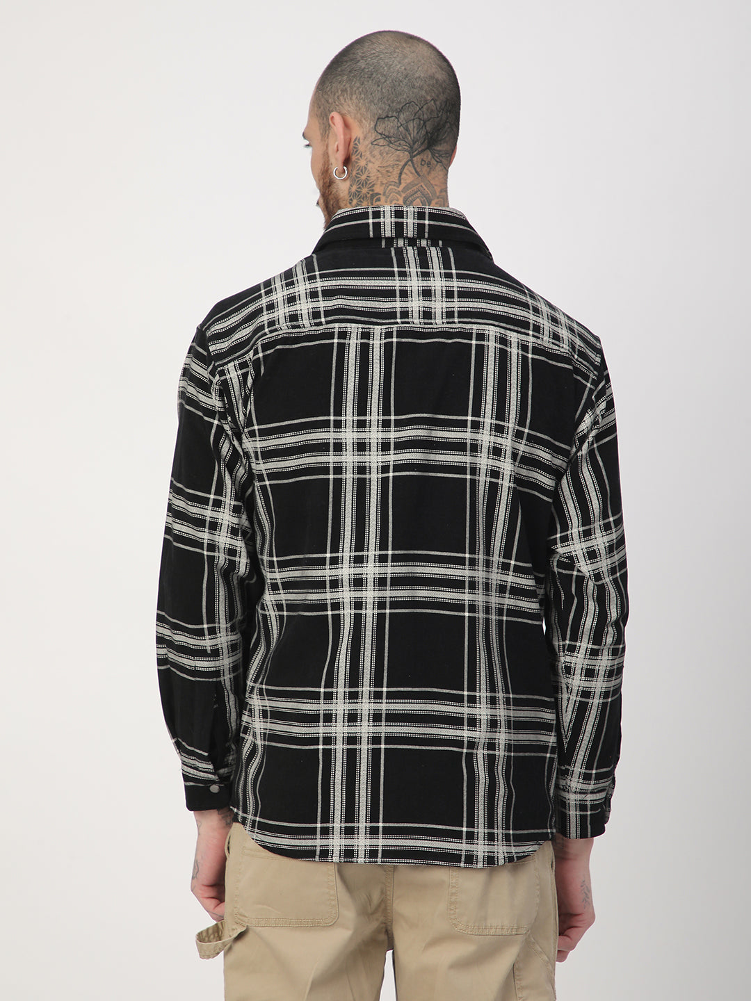 Jet Black & White Checkered Double Pocket Corduroy Overshirt