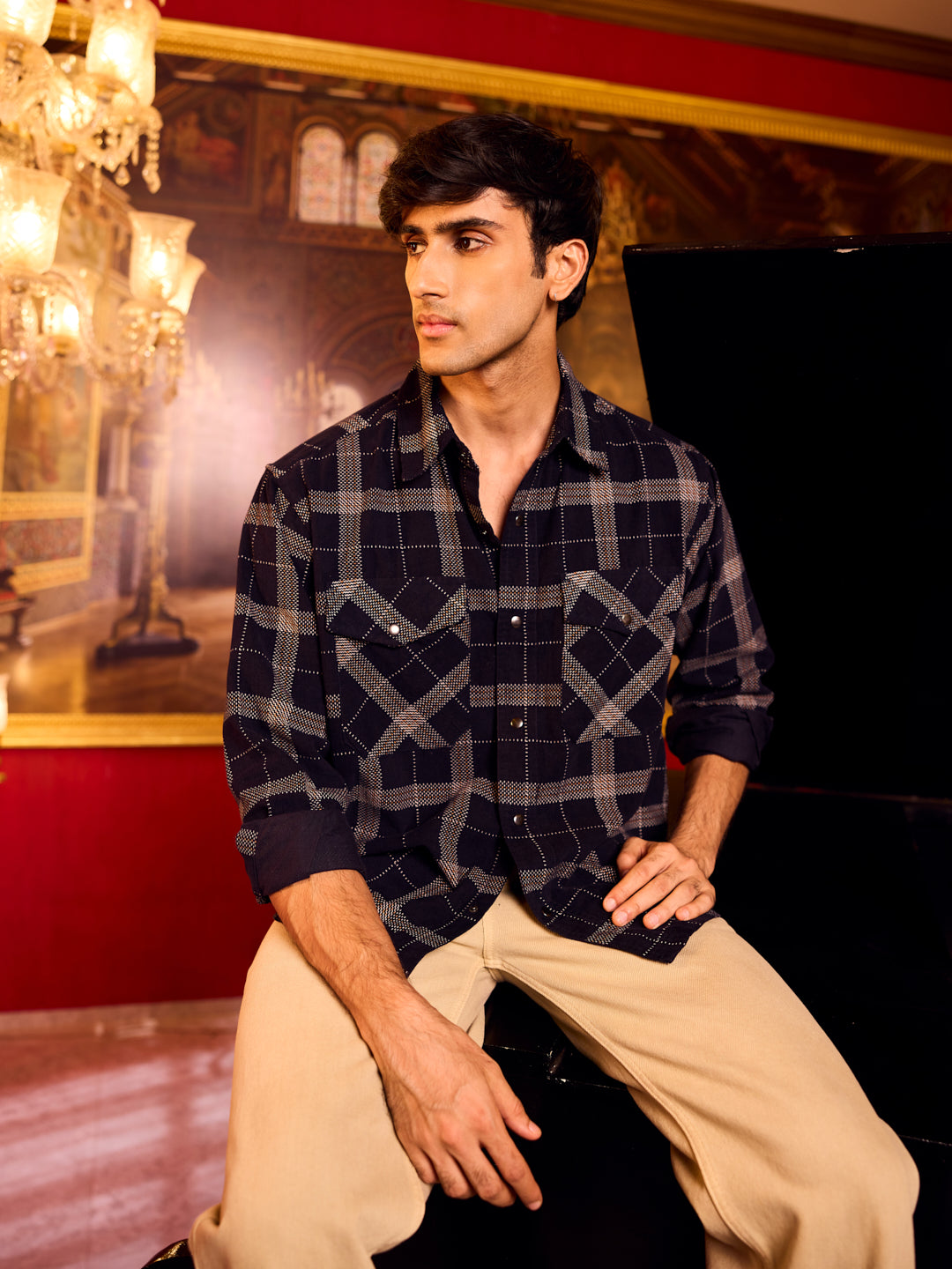 Elan Navy Dot Checks Double Flap Pocket Corduroy Overshirt