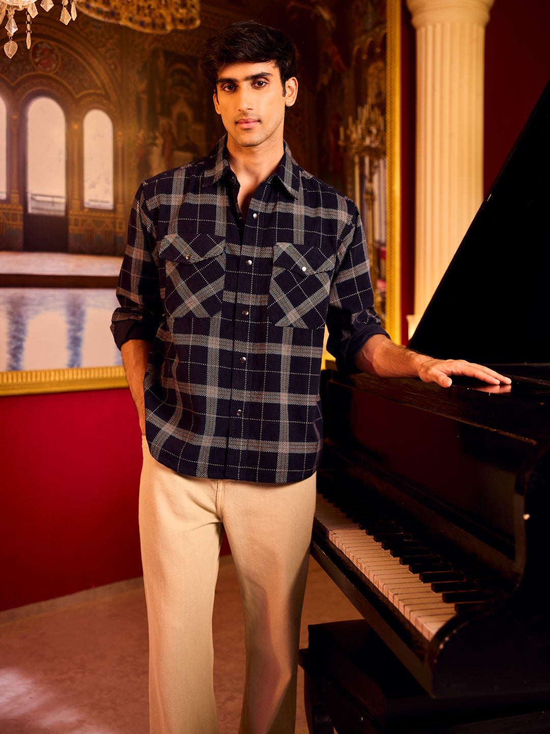 Elan Navy Dot Checks Double Flap Pocket Corduroy Overshirt