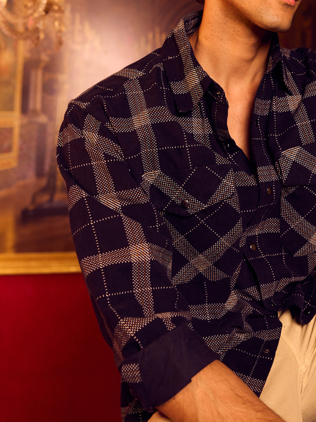 Elan Navy Dot Checks Double Flap Pocket Corduroy Overshirt