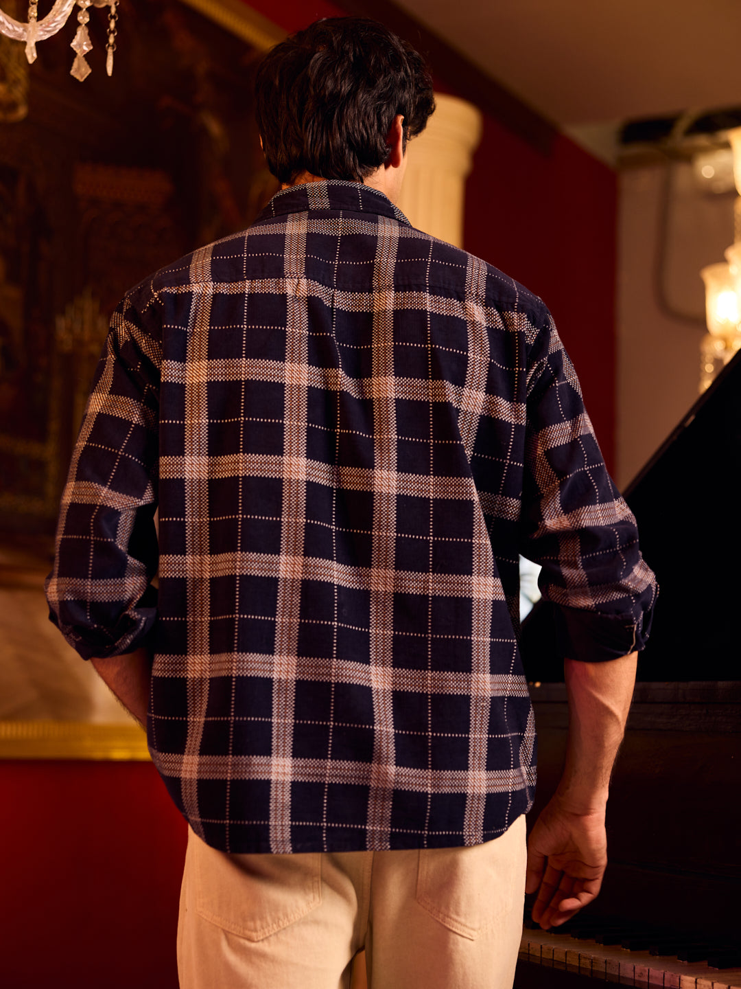 Elan Navy Dot Checks Double Flap Pocket Corduroy Overshirt