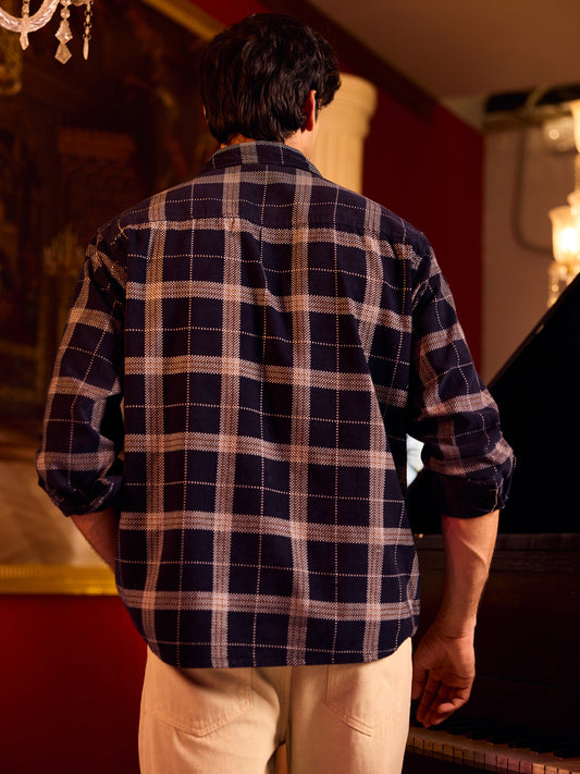 Elan Navy Dot Checks Double Flap Pocket Corduroy Overshirt