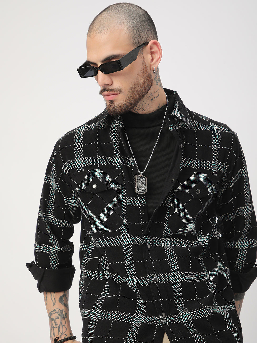Elan Black Dot Checks Double Flap Pocket Corduroy Overshirt