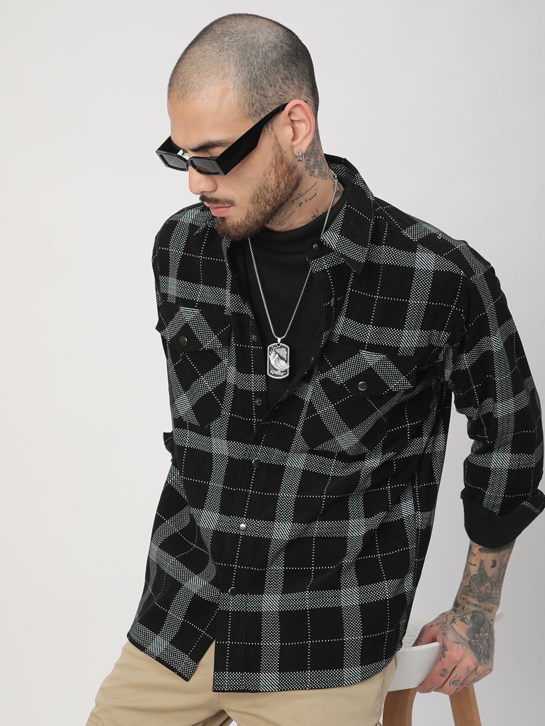 Elan Black Dot Checks Double Flap Pocket Corduroy Overshirt