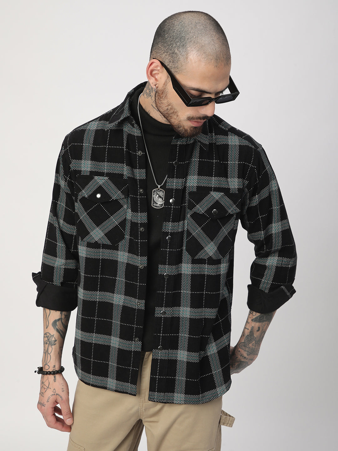 Elan Black Dot Checks Double Flap Pocket Corduroy Overshirt