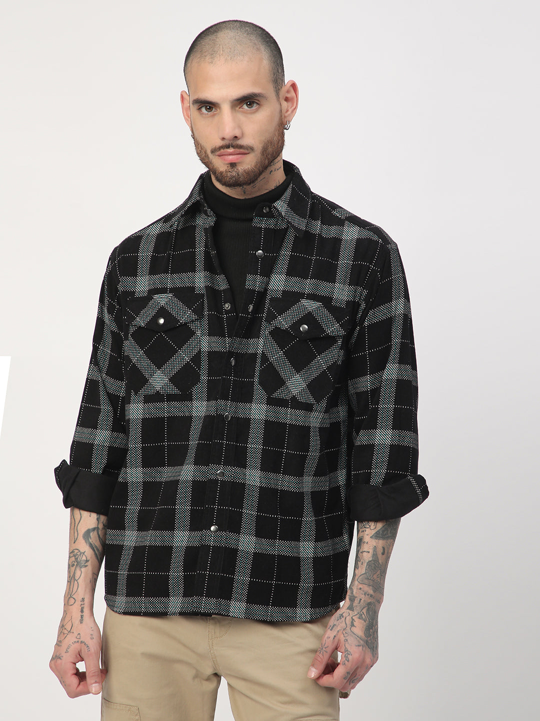 Elan Black Dot Checks Double Flap Pocket Corduroy Overshirt