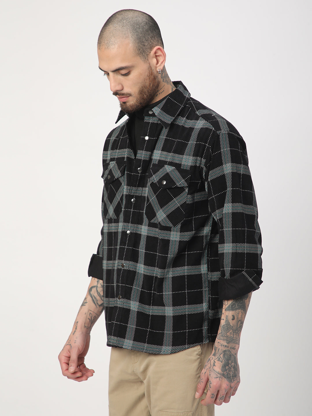 Elan Black Dot Checks Double Flap Pocket Corduroy Overshirt