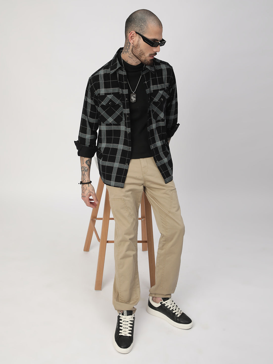 Elan Black Dot Checks Double Flap Pocket Corduroy Overshirt
