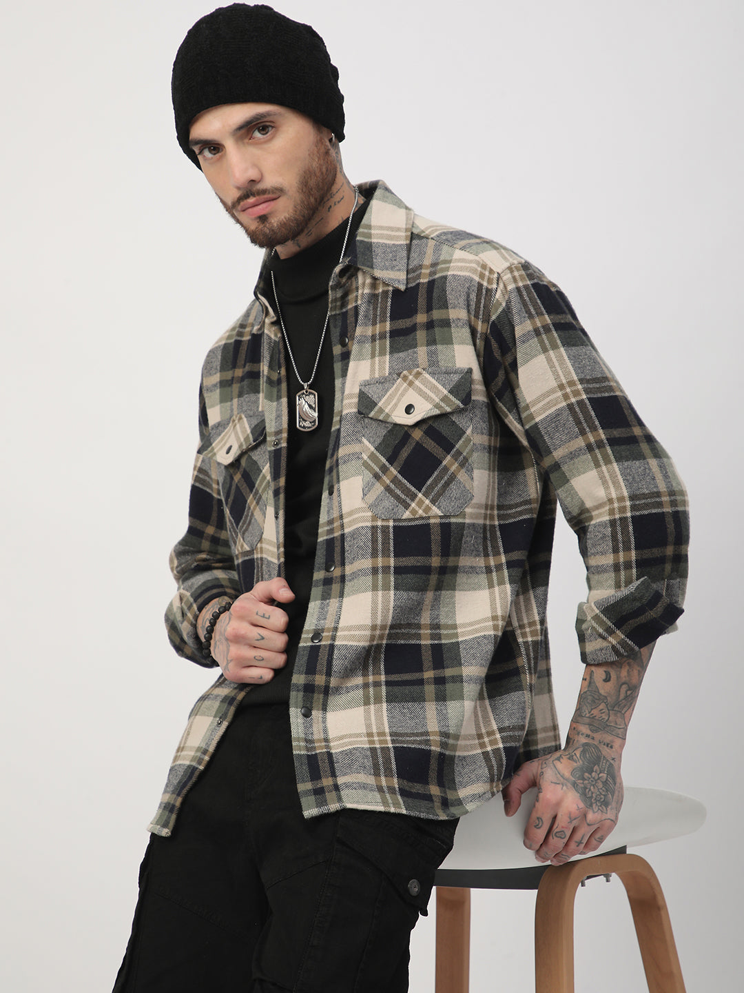 Multicolour Tartan Checked Double Pocket Flannel Shirt