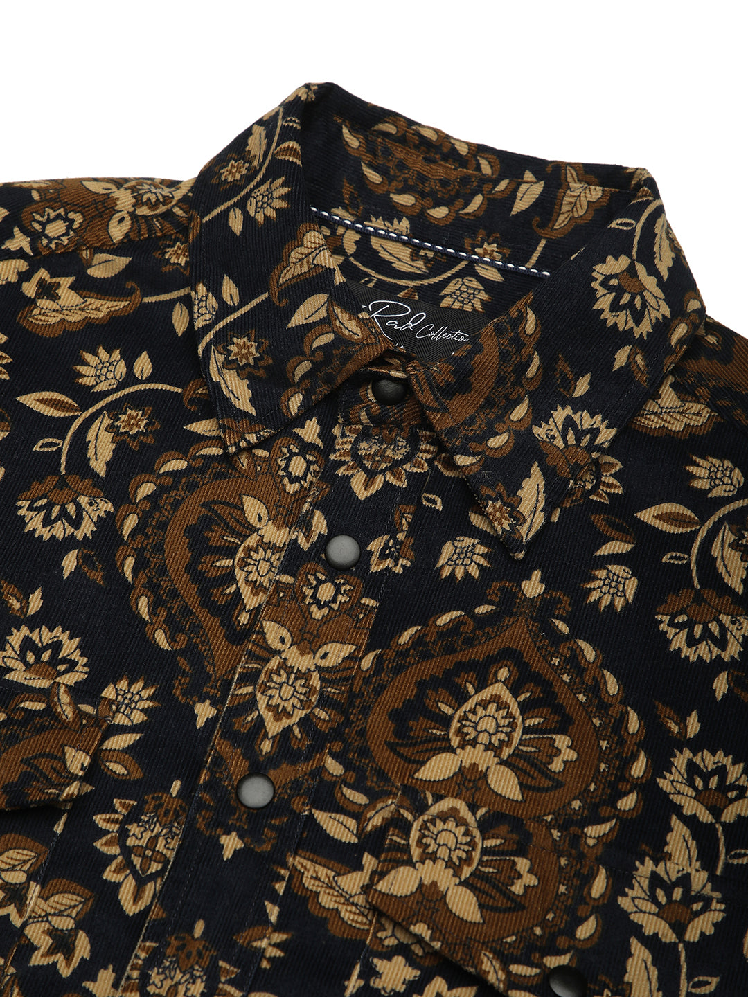Navy Floral Paisley Printed Double Pocket Corduroy Shirt