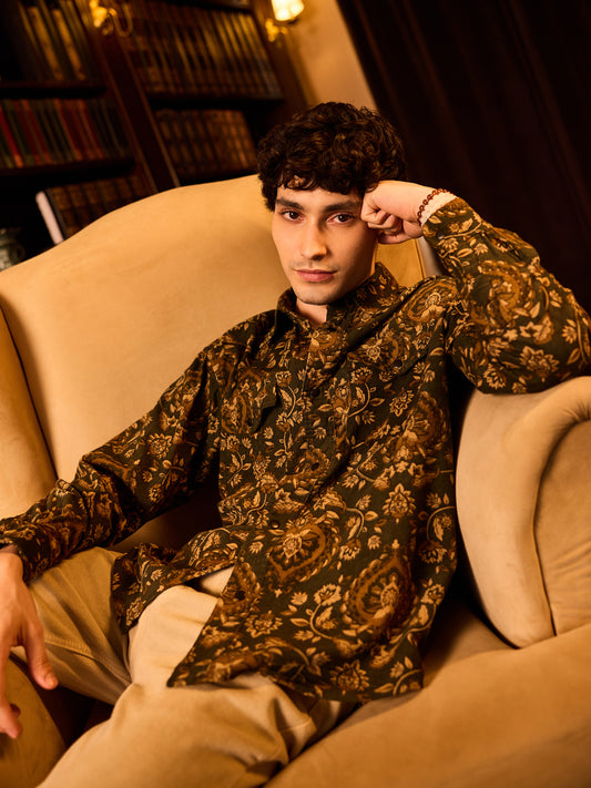 Olive Floral Paisley Printed Double Pocket Corduroy Shirt