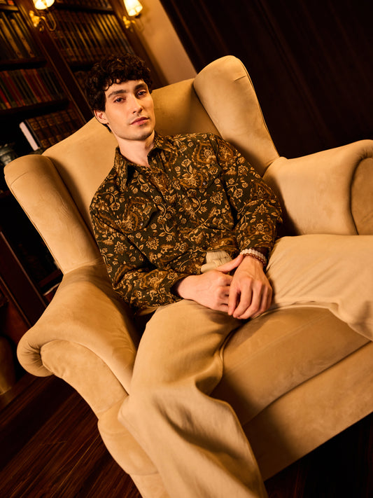 Olive Floral Paisley Printed Double Pocket Corduroy Shirt