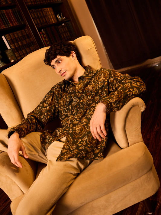 Olive Floral Paisley Printed Double Pocket Corduroy Shirt