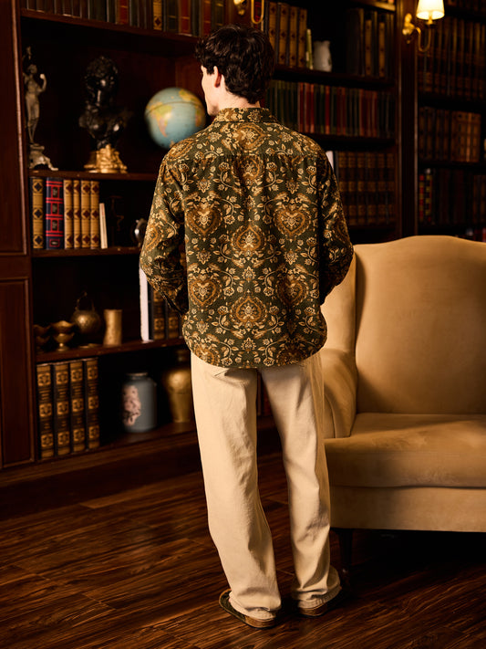 Olive Floral Paisley Printed Double Pocket Corduroy Shirt
