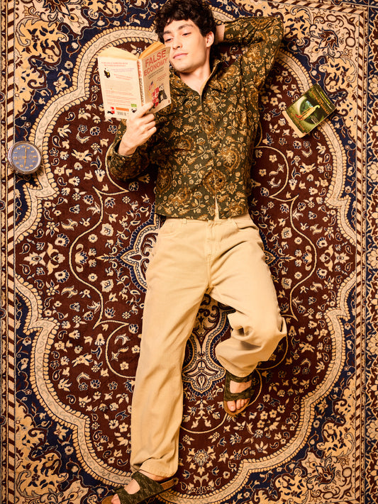 Olive Floral Paisley Printed Double Pocket Corduroy Shirt